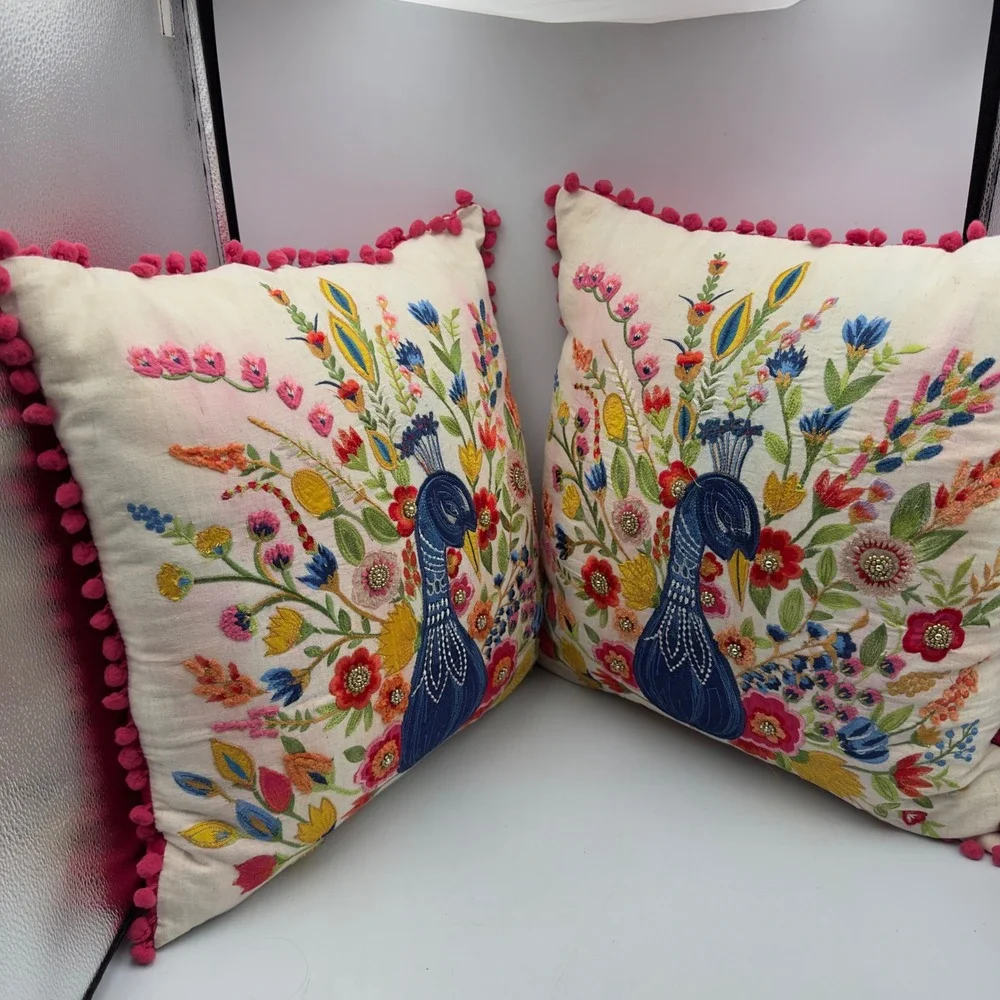 Set of 2 Embroidered Peacock Floral Throw Pillows Pink Pom Pom Trim 16x16 Boho